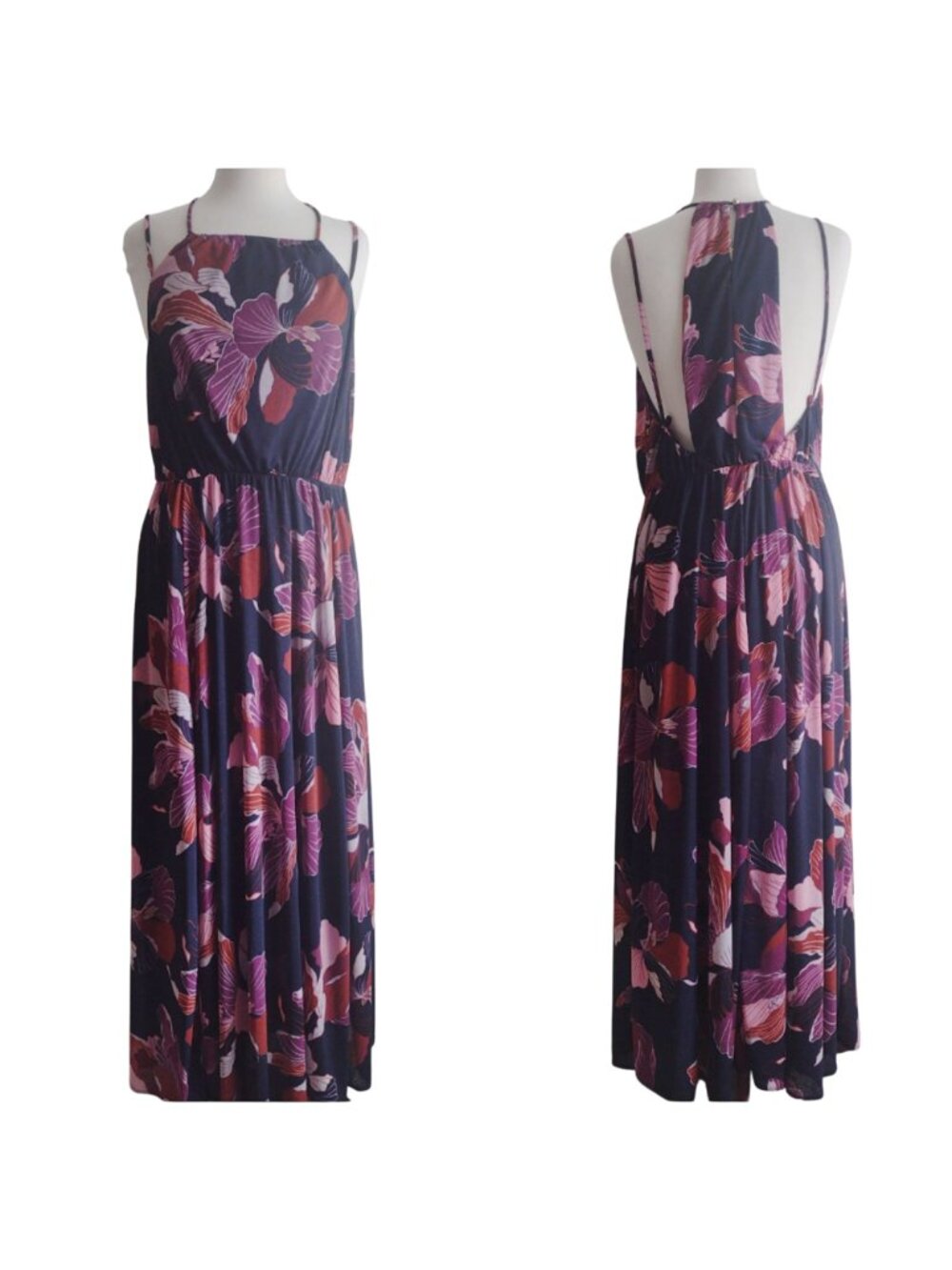 Anthropologie Floral Halter Dress L NEW Navy Purple Strappy Open Back Maxi - Picture 10 of 10
